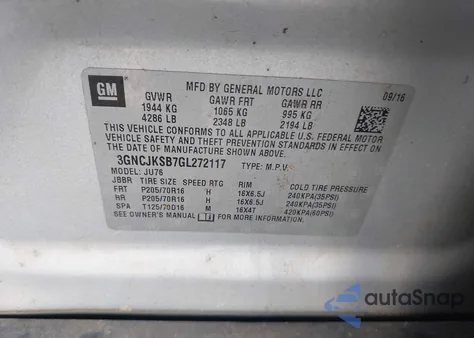 2016 Chevrolet Trax 1Ls z USA, uszkodzony, nr VIN 3GNCJKSB7GL272117